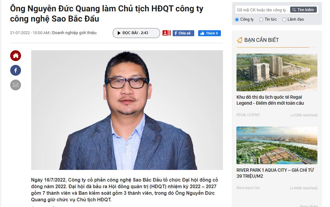 [CAFE F] Ông Nguyễn Đức Quang làm Chủ tịch HĐQT Công ty Cổ phần Công nghệ Sao Bắc Đẩu