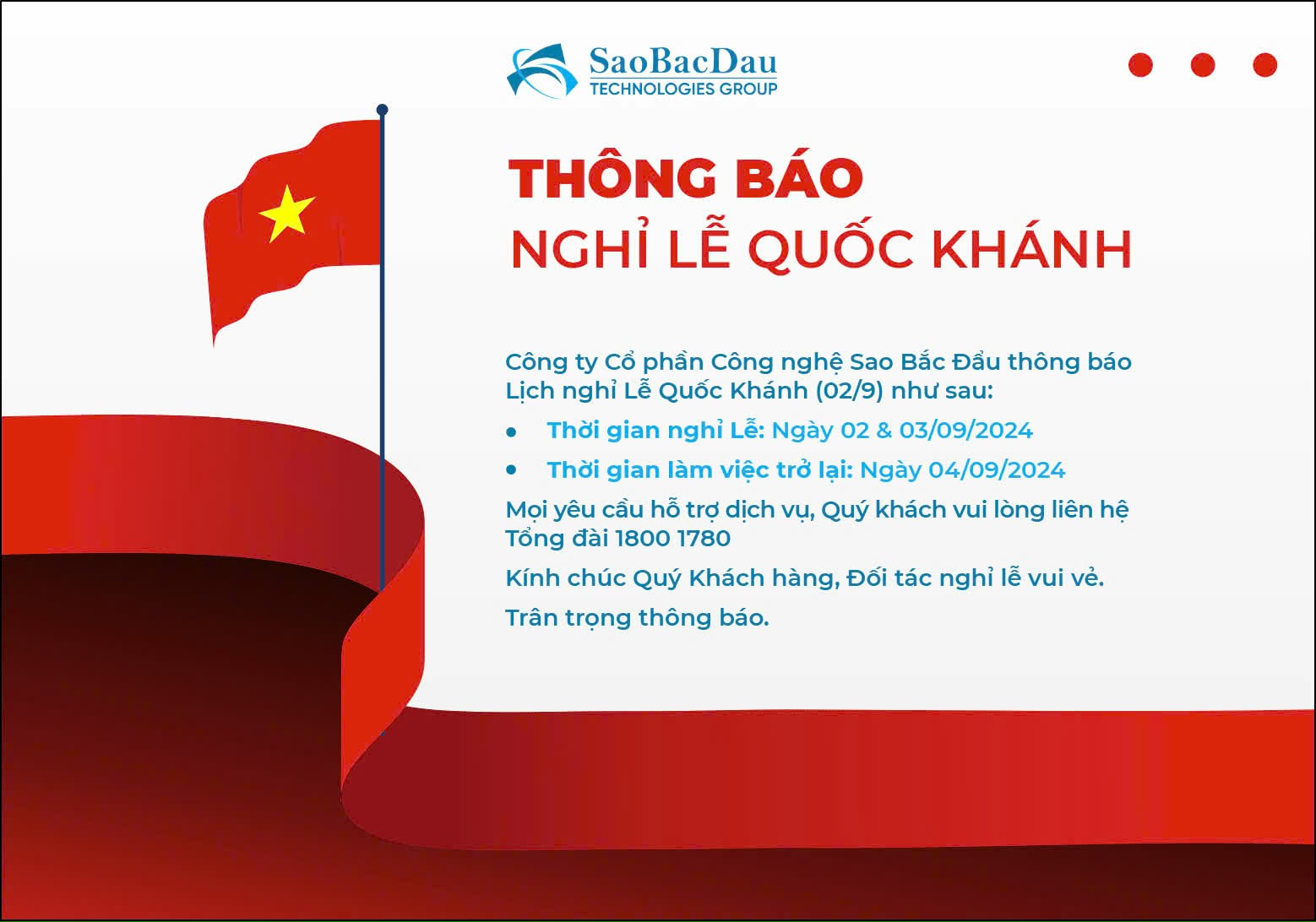 Sao Bắc Đẩu thông báo nghỉ lễ Quốc Khánh 2/9/2024