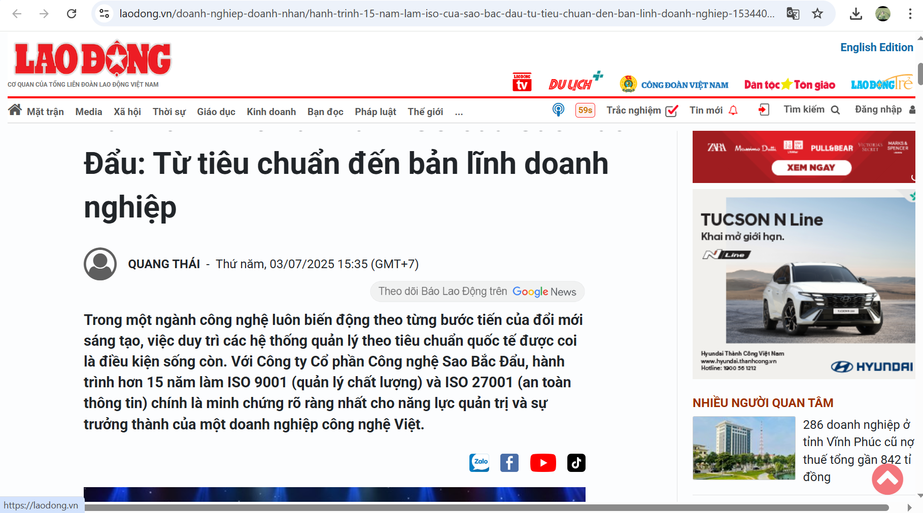 [Lao động] Hành trình 15 năm làm ISO của Sao Bắc Đẩu: Từ tiêu chuẩn đến bản lĩnh doanh nghiệp