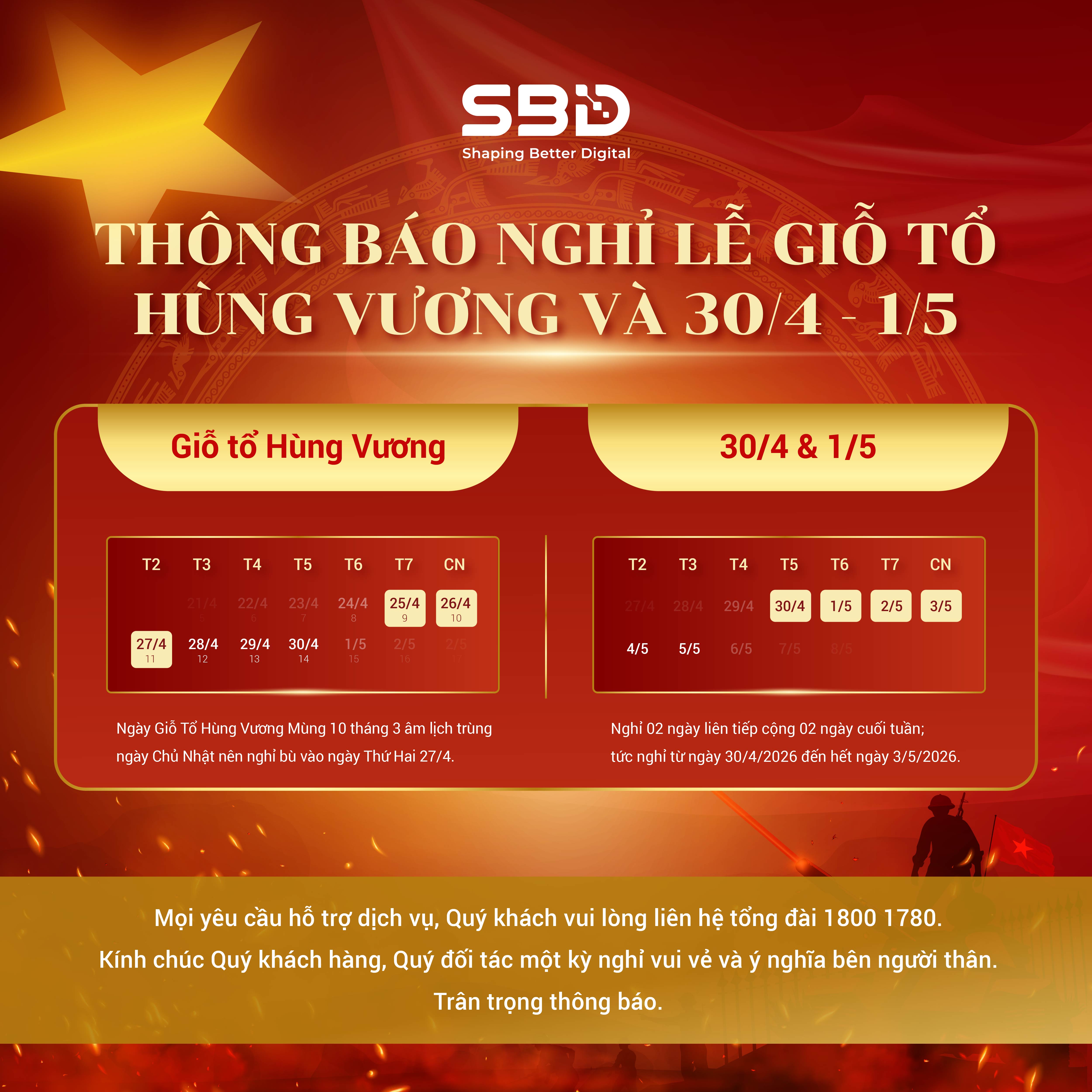 Sao Bắc Đẩu thông báo lịch nghỉ lễ Giỗ Tổ Hùng Vương & 30/4 - 1/5